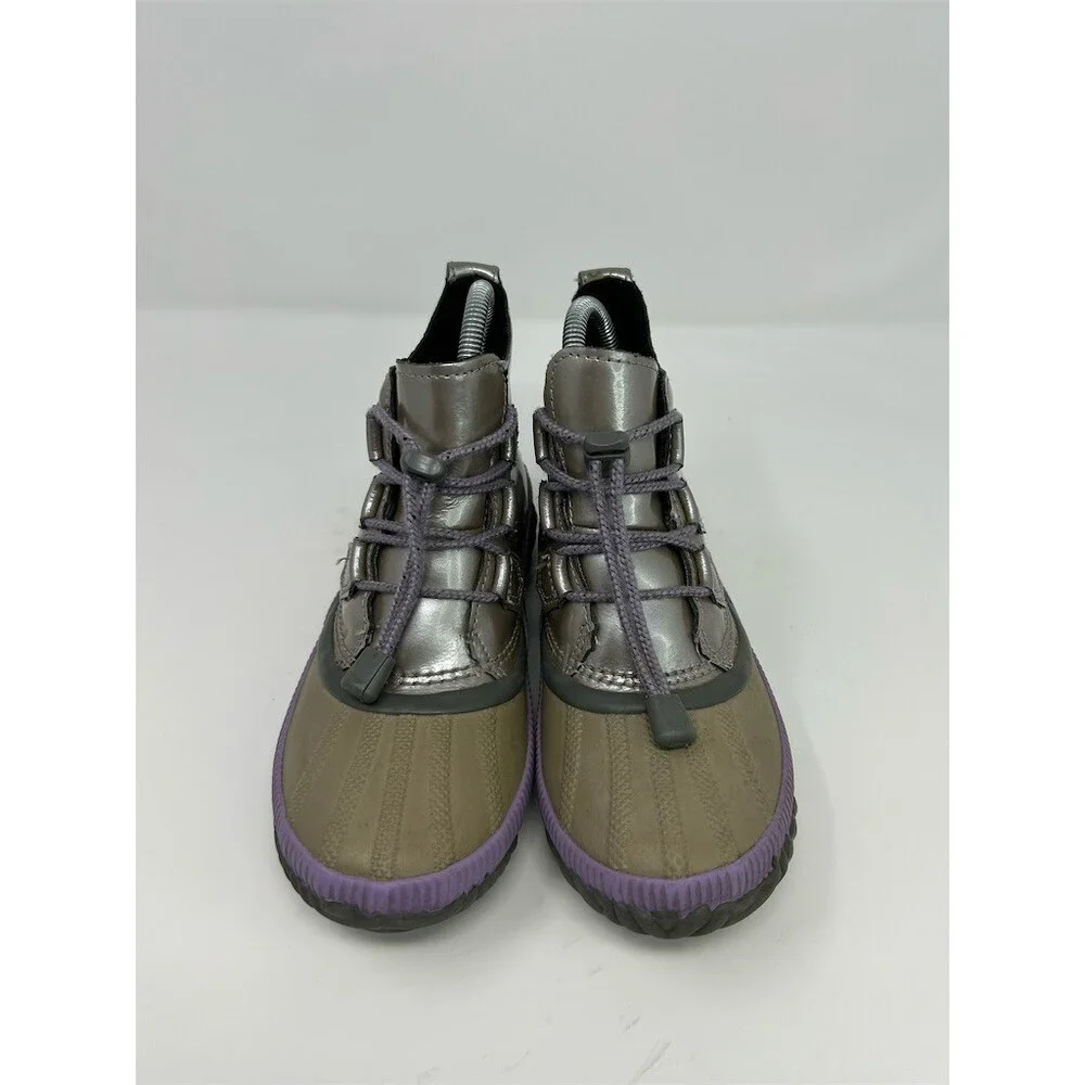SOREL Out N About Plus Duck Boots Girls Silver Gray Purple Trim Waterproof 4